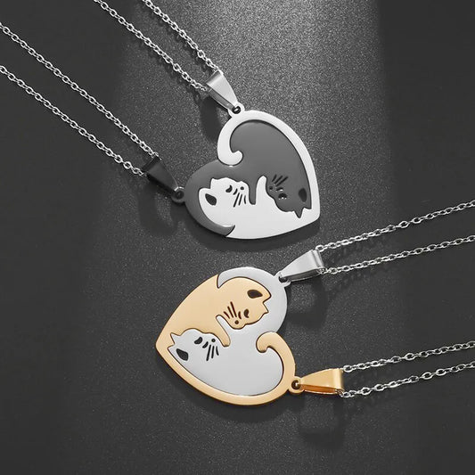 Hot Hug Love Pet Cat Pairing Couple Necklace Fashion Stainless Steel Men Women Best Friend Bff Pendant Jewelry Gift