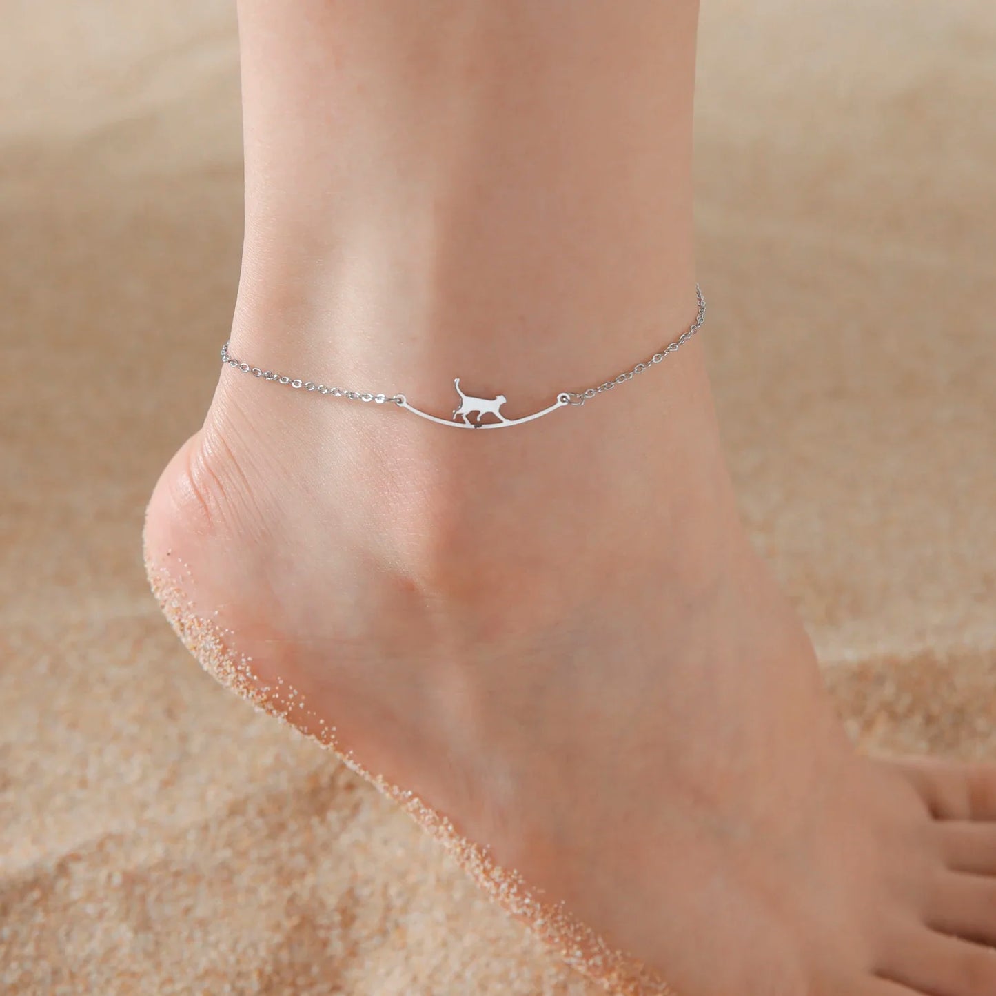 Tiny Chain Cat Charm Anklet For Women Gold Color Leaf Heartbeat Silver Plating Cat Feet Charm Summer Anklet Jewelry