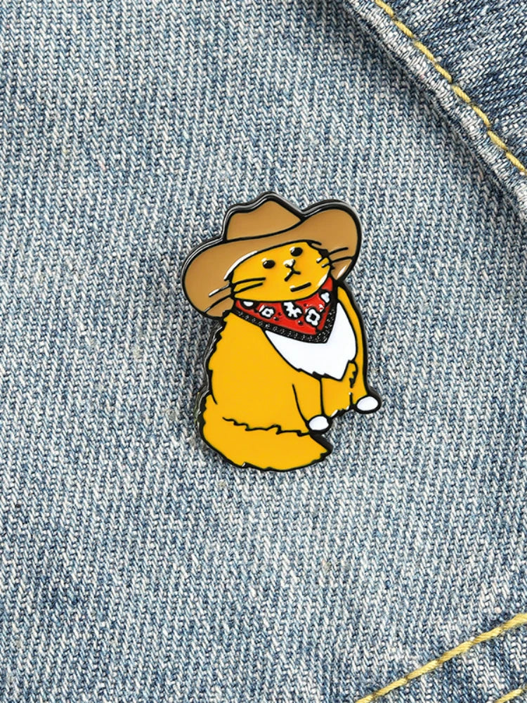 Cowboy Cats Enamel PinFunny Animal Hat Brooches Shirt Lapel Bag Cute Badge Cartoon Kitten Jewelry Gift for Friends