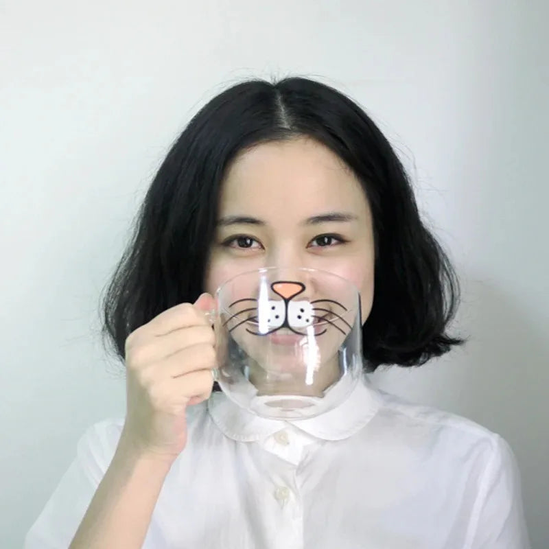 Glass Cup Cat Face Mugs Coffee Tea Milk Breakfast Mug Creative Gifts 540ml