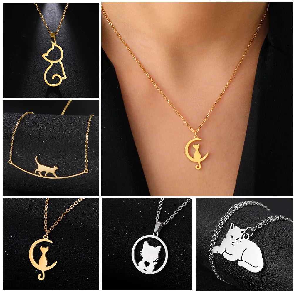 Unift Lovely Cat Pendant Necklace for Women Girl Stainless Steel Neck Chain Choker Pet Kitten Animal Kid Daughter Jewelry Gift